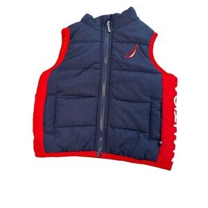 Nautica Baby Boys Navy & Red Puffer Vest – Size 3/6M – Sleeveless- EUC